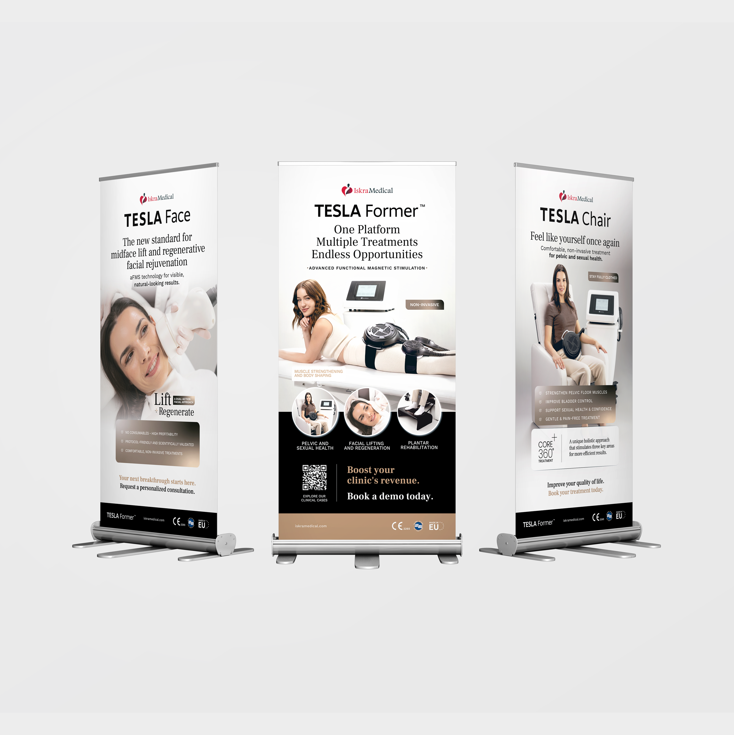 Tesla Former roll-up banners from the distributor kit, by Estudio 109